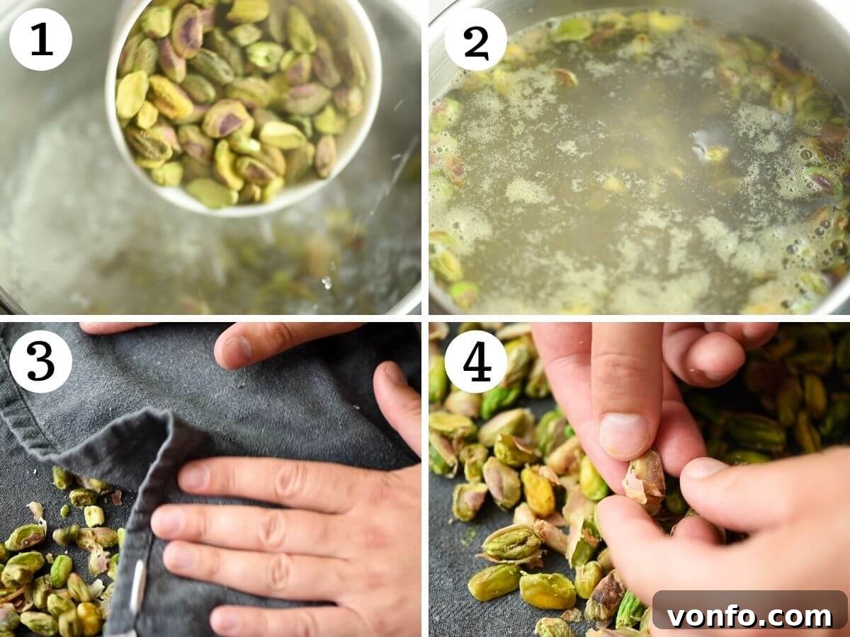A visual guide showing the initial steps of preparing pistachios, including boiling them and placing them on a kitchen towel for skin removal.