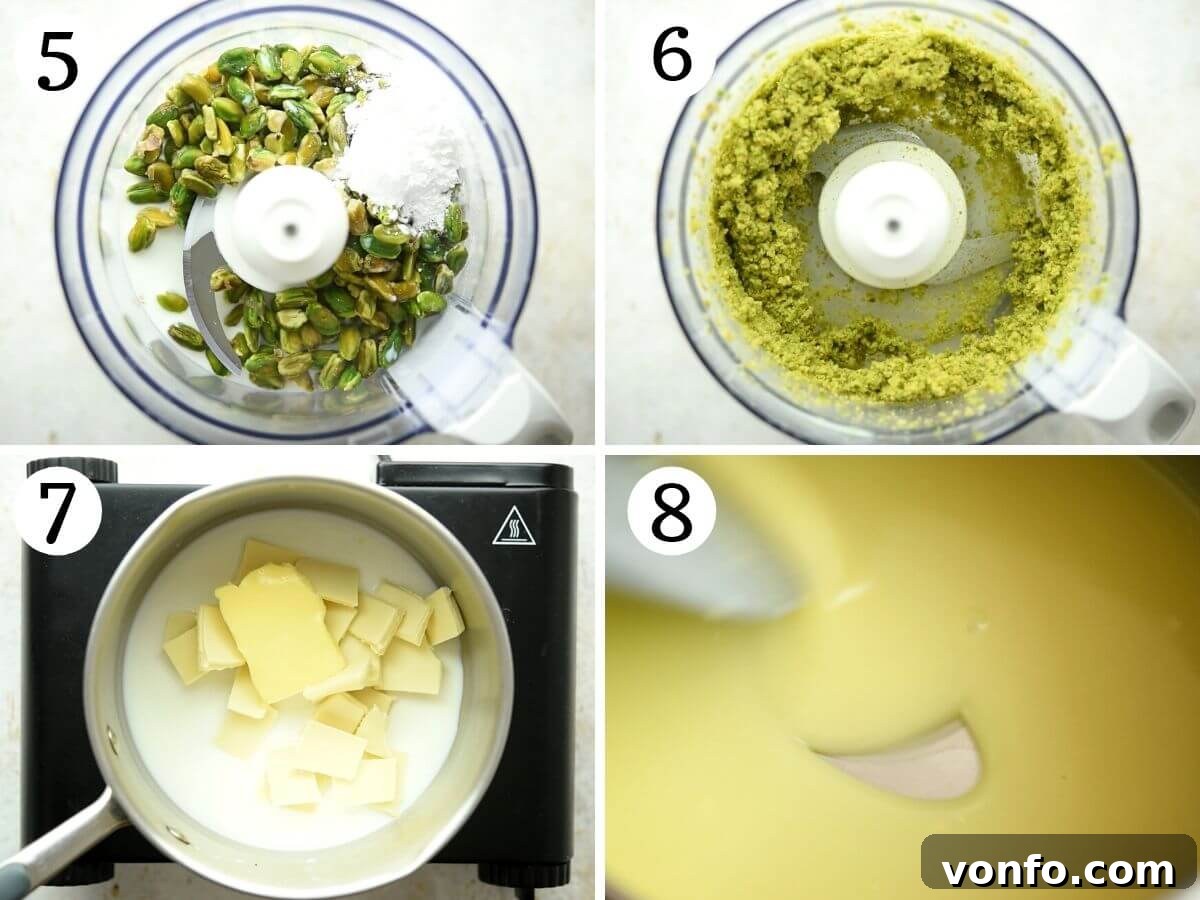 Detailed step-by-step imagery demonstrating how to process the peeled pistachios into a smooth and aromatic paste using a food processor, crucial for the cream's texture.