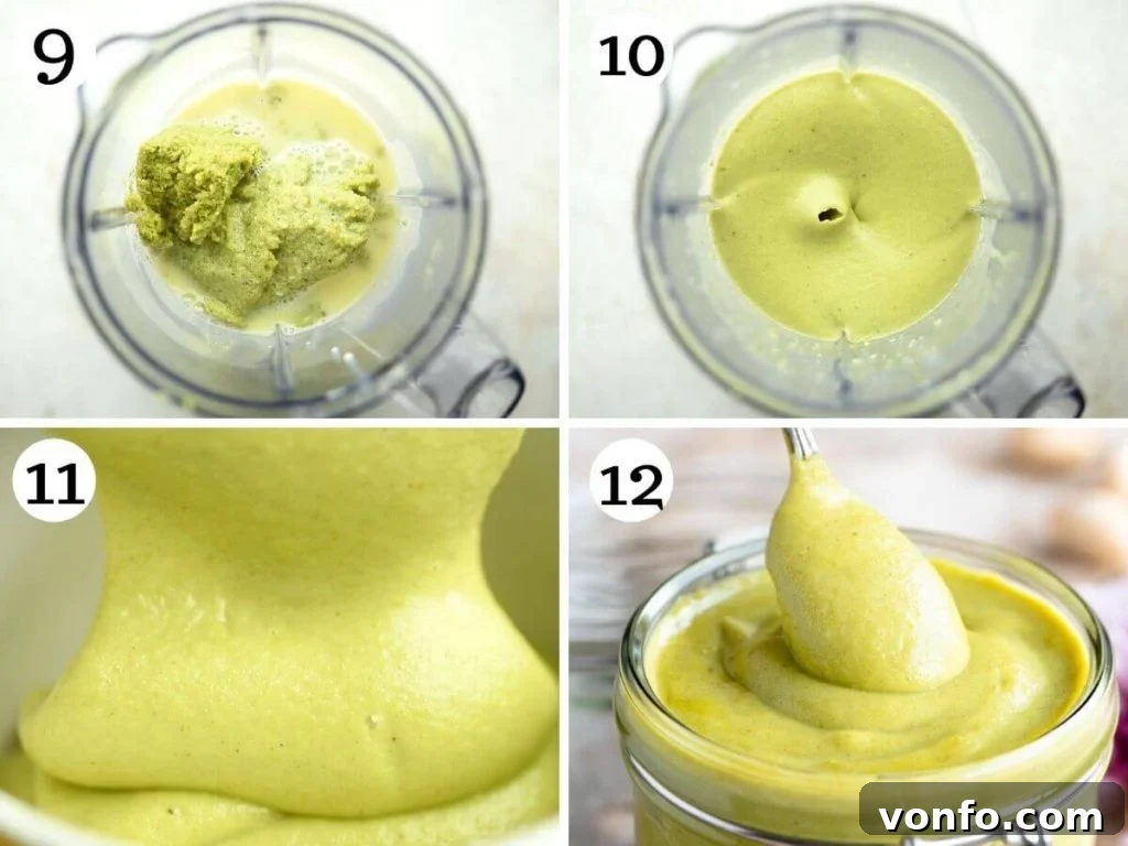Visual steps illustrating the final blending phase where the pistachio paste and white chocolate mixture are combined in a blender to achieve a perfectly smooth and creamy Italian pistachio spread.