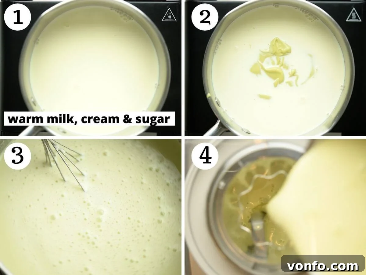Velvet Pistachio Gelato 4 Sequential photos detailing the process of heating dairy and incorporating pistachio cream for homemade ice cream.