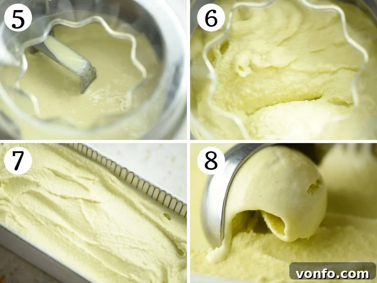 Velvet Pistachio Gelato 5 Step-by-step images demonstrating the churning process of pistachio ice cream in a machine.