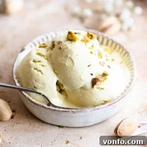 Velvet Pistachio Gelato 7 Three scoops of pistachio ice cream in a small bowl with a spoon, highlighting its creamy texture.