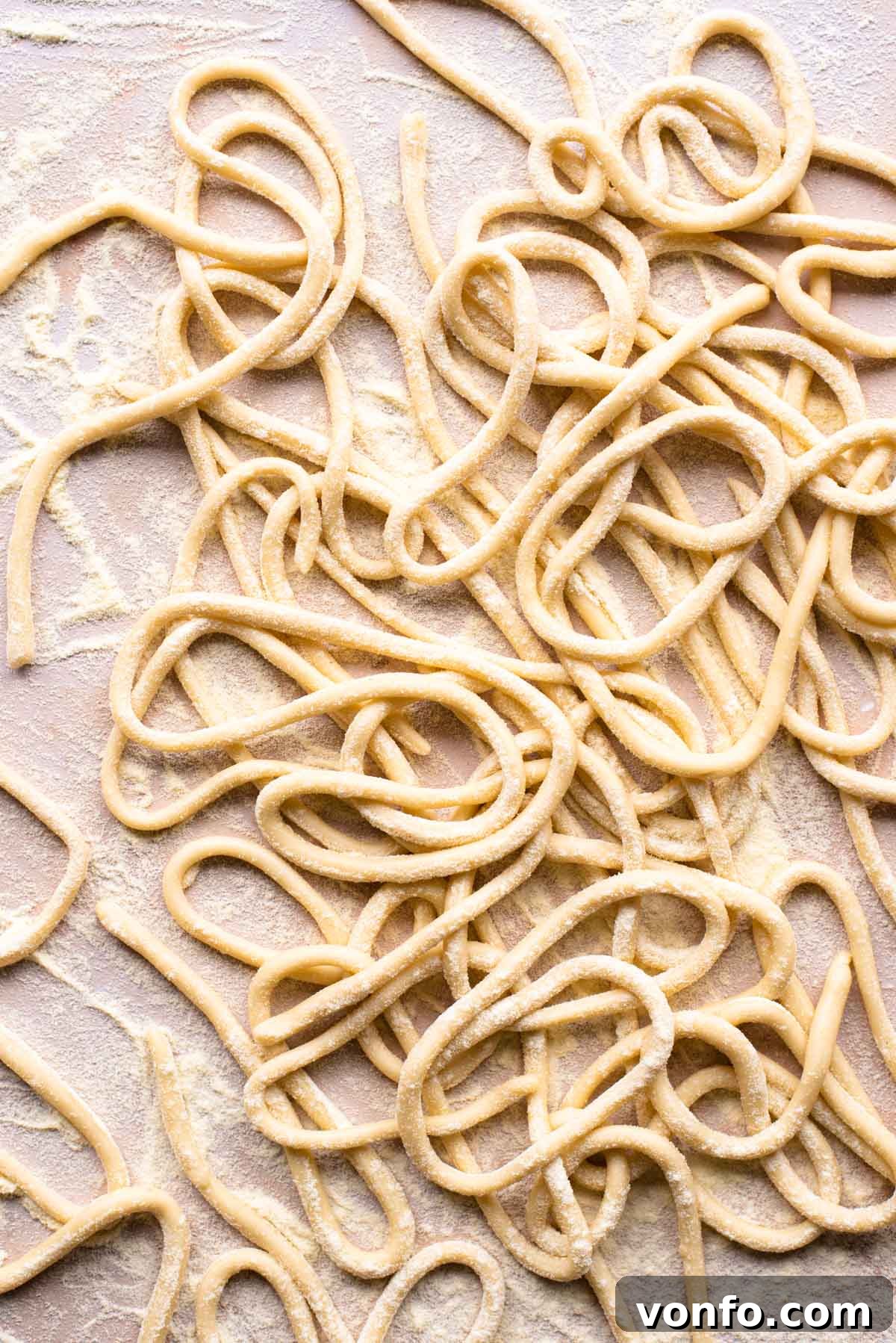 Pici Perfection: Crafting Tuscan Noodles from Scratch 2 An overhead shot of homemade pici pasta ready to be cooked