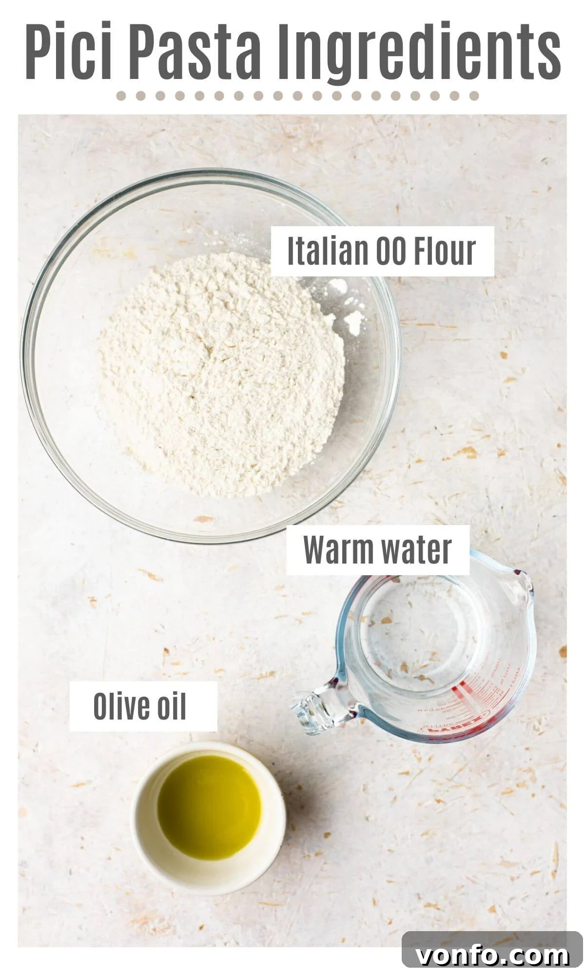 Pici Perfection: Crafting Tuscan Noodles from Scratch 3 An overhead shot of all the ingredients needed to make homemade pici pasta
