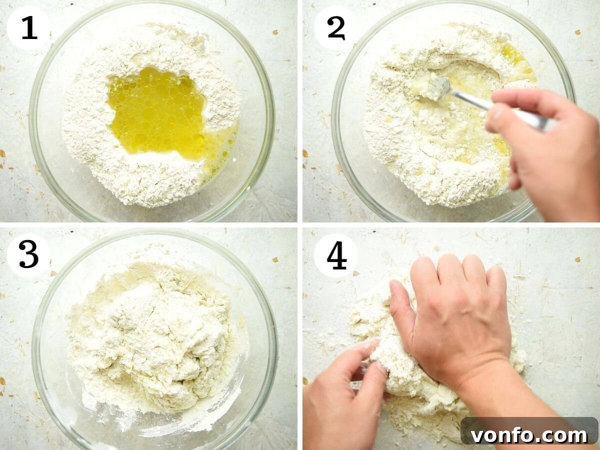 Pici Perfection: Crafting Tuscan Noodles from Scratch 4 Step by step photos showing how to make pici pasta dough, from mixing to kneading