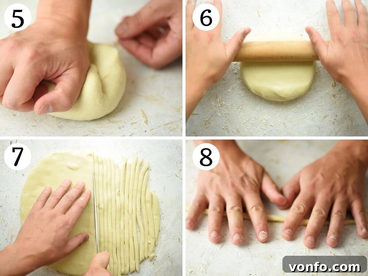 Pici Perfection: Crafting Tuscan Noodles from Scratch 5 Step by step photos showing how to roll out pici pasta dough and cut into strips