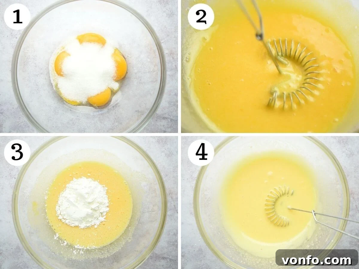 Step by step photos showing how to combine egg yolks, sugar and cornstarch into a smooth, pale paste in a large mixing bowl.