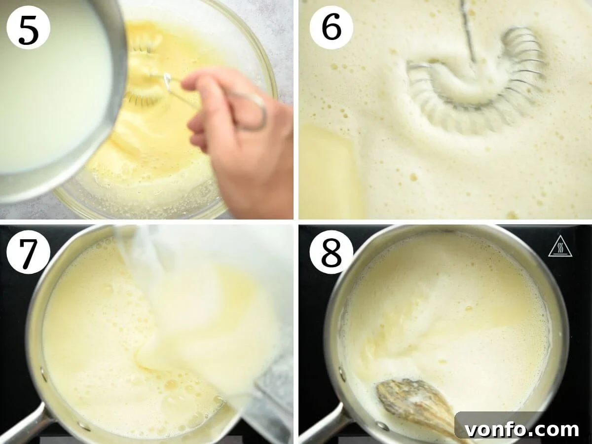 Step by step photos demonstrating the careful technique of tempering eggs by slowly adding hot milk while whisking constantly.