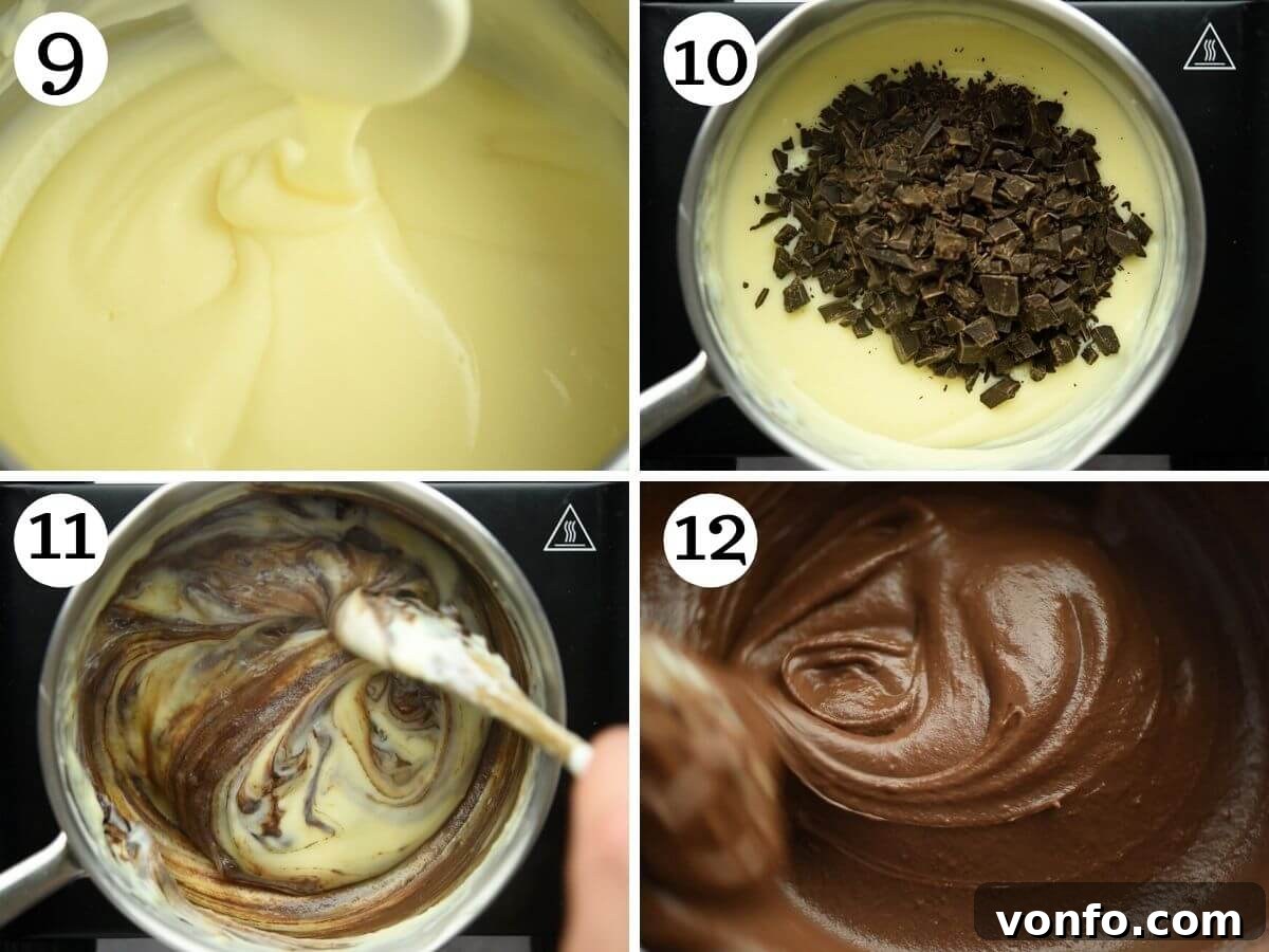Step by step photos illustrating the thickening process of chocolate pastry cream, showing a thick, creamy texture being stirred in a saucepan.