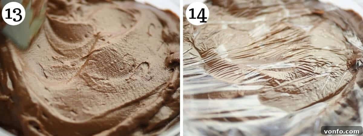Two photos showing the correct method for storing chocolate pastry cream: poured into a bowl and covered with plastic wrap directly on the surface to prevent a skin from forming.