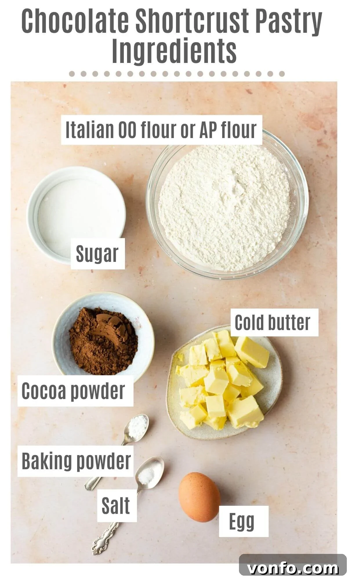 An overhead shot of all the ingredients you need to make chocolate shortcrust pastry, neatly arranged on a baking surface