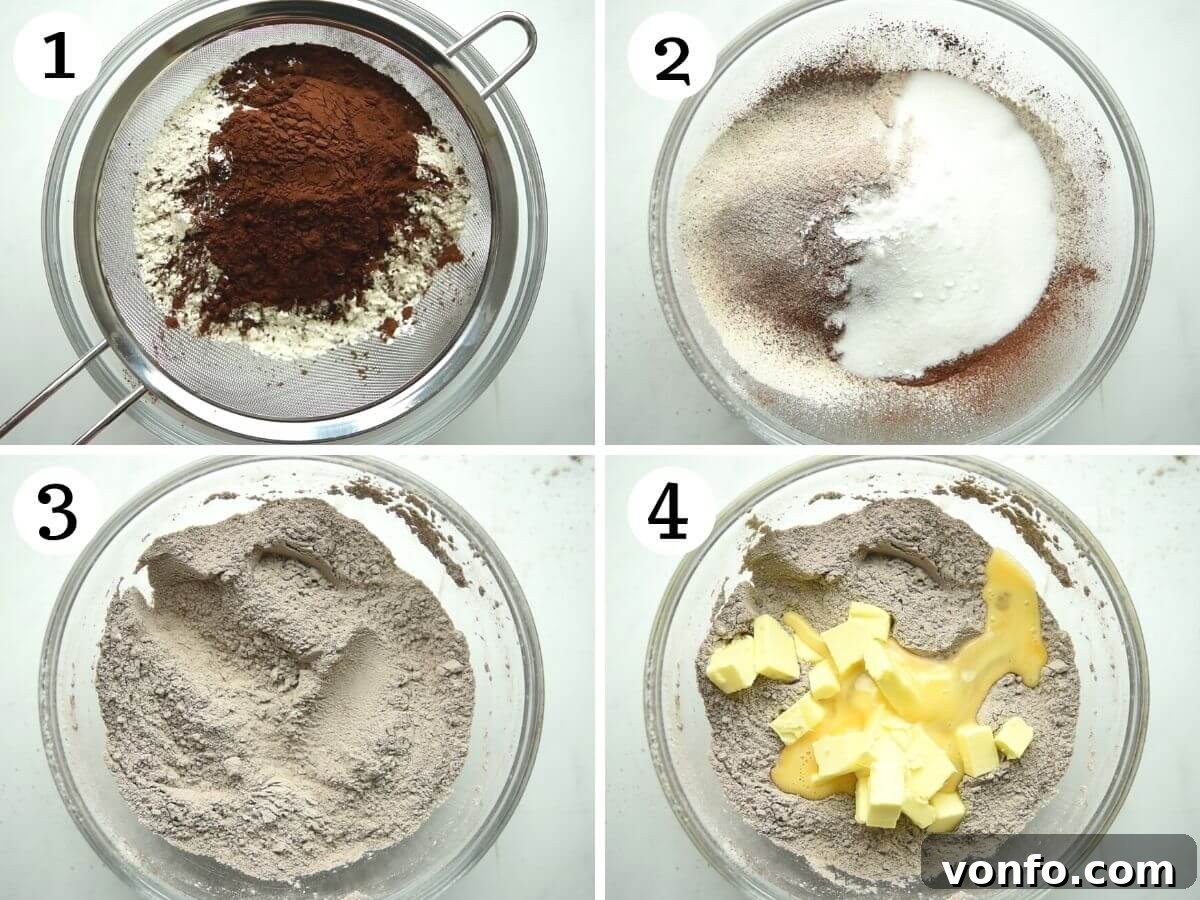 Step by step photos showing how to prepare chocolate shortcrust pastry, from mixing ingredients to forming crumbs