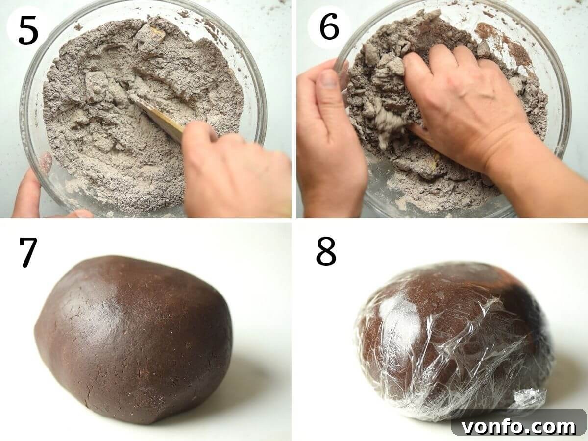 Step by step photos showing how to bring chocolate pastry together into a ball and wrap it for chilling