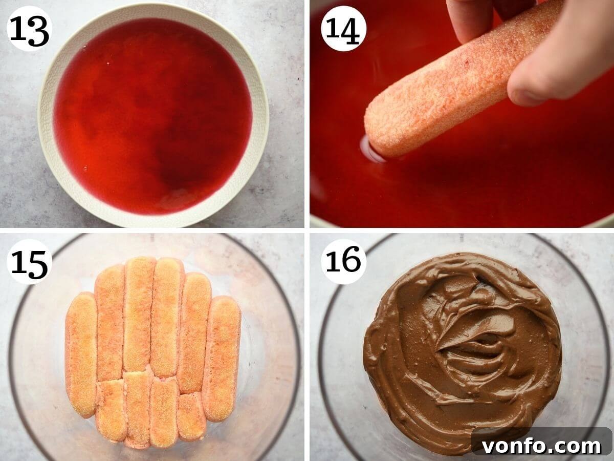 Italian Custard Trifle 7 Step by step photos showing how to dip savoiardi biscuits in liqueur