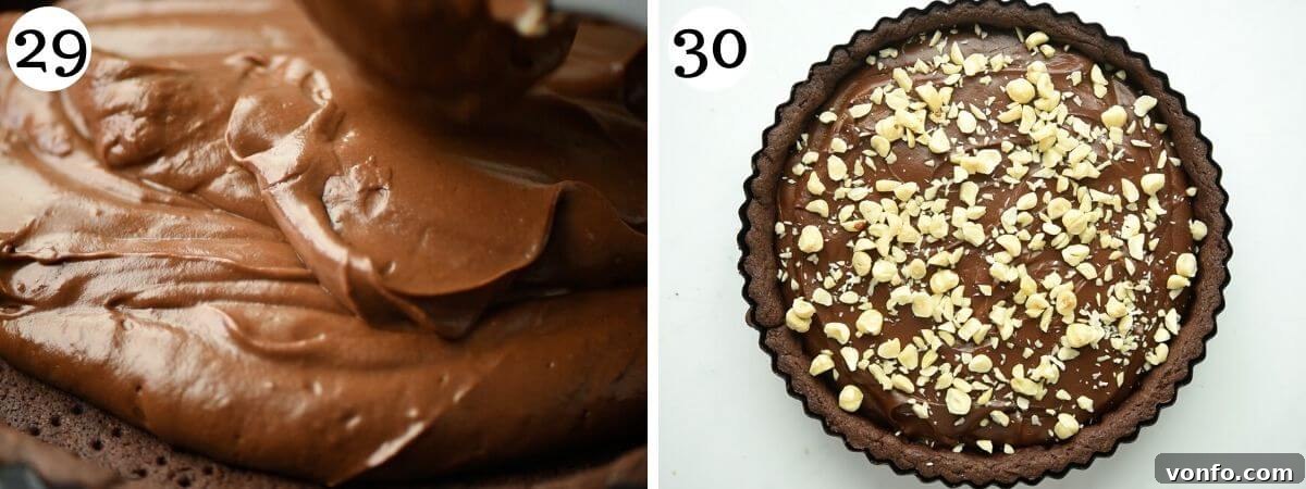 Decadent Chocolate Hazelnut Tart 11 Two photos showing how to fill and top a chocolate tart with hazelnuts