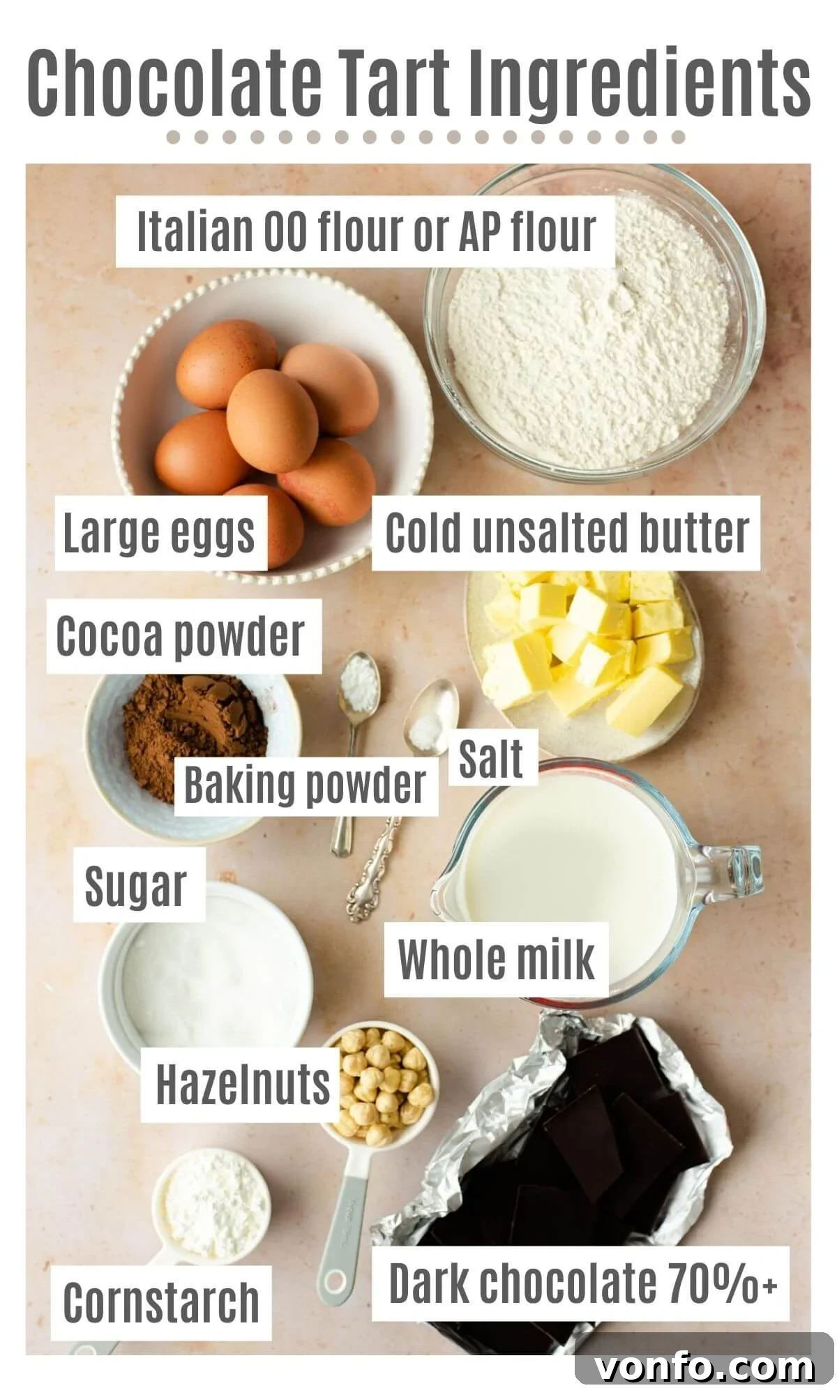 Decadent Chocolate Hazelnut Tart 3 An overhead shot of all the ingredients you need to make a chocolate tart with hazelnuts
