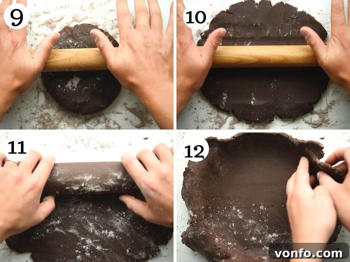 Decadent Chocolate Hazelnut Tart 6 Step by step photos showing how to roll out chocolate shortcrust pastry