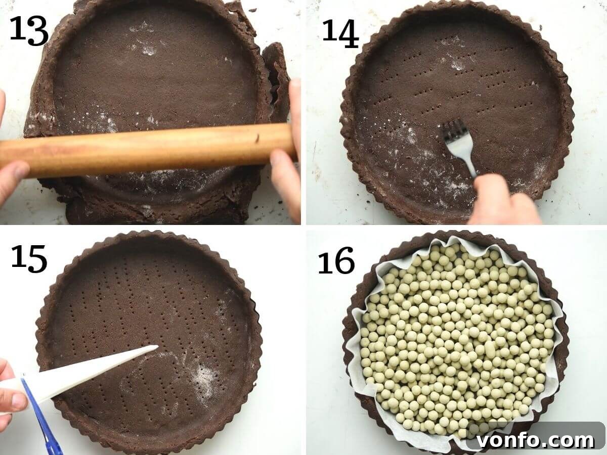 Decadent Chocolate Hazelnut Tart 7 Step by step photos showing how to blind bake a chocolate pie crust