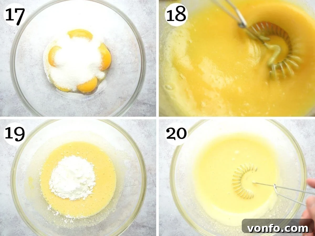 Decadent Chocolate Hazelnut Tart 8 Step by step photos showing how to whisk egg yolks with sugar and cornstarch