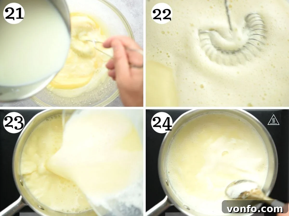 Decadent Chocolate Hazelnut Tart 9 Step by step photos showing how to temper eggs with milk