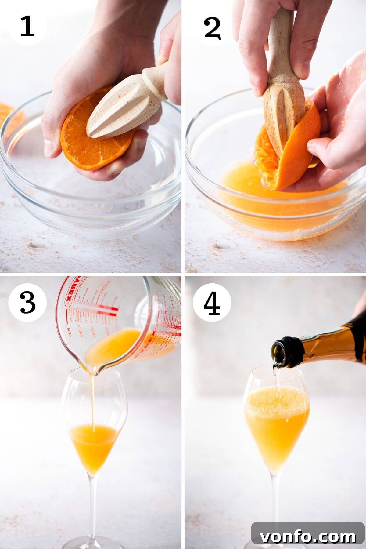 Mandarin Overture 4 Step-by-step photos showing the process of juicing mandarins and straining the juice for the Puccini cocktail.