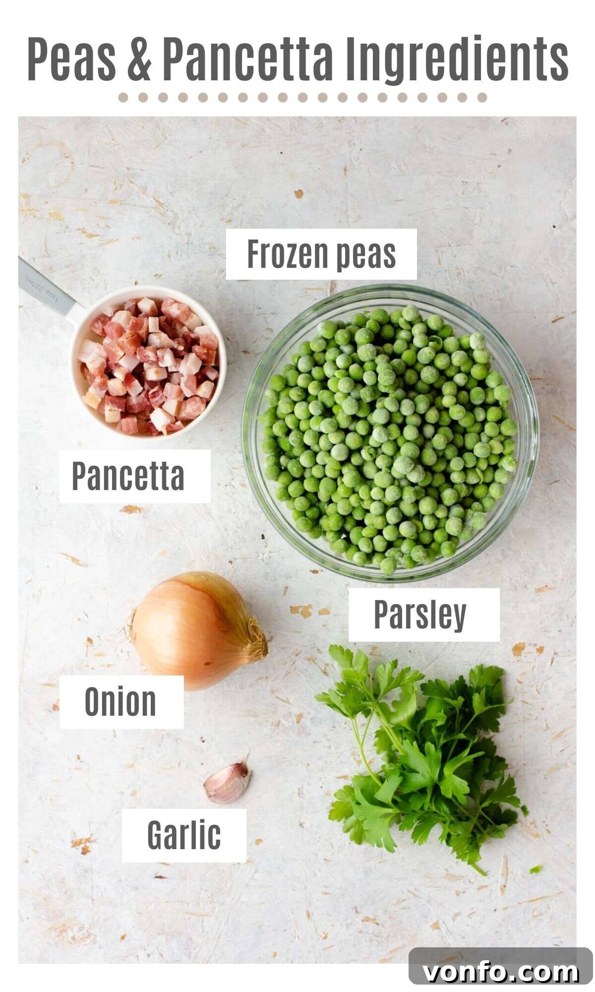 Italian Peas with Crispy Pancetta 3 An overhead shot of all the fresh ingredients needed to make Peas and Pancetta, including peas, pancetta, garlic, onion, and parsley