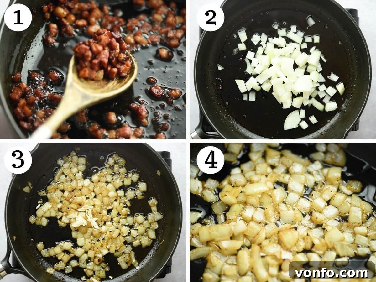 Italian Peas with Crispy Pancetta 4 Step-by-step photos showing how to fry pancetta until crispy and then beginning to sauté onions in the rendered fat