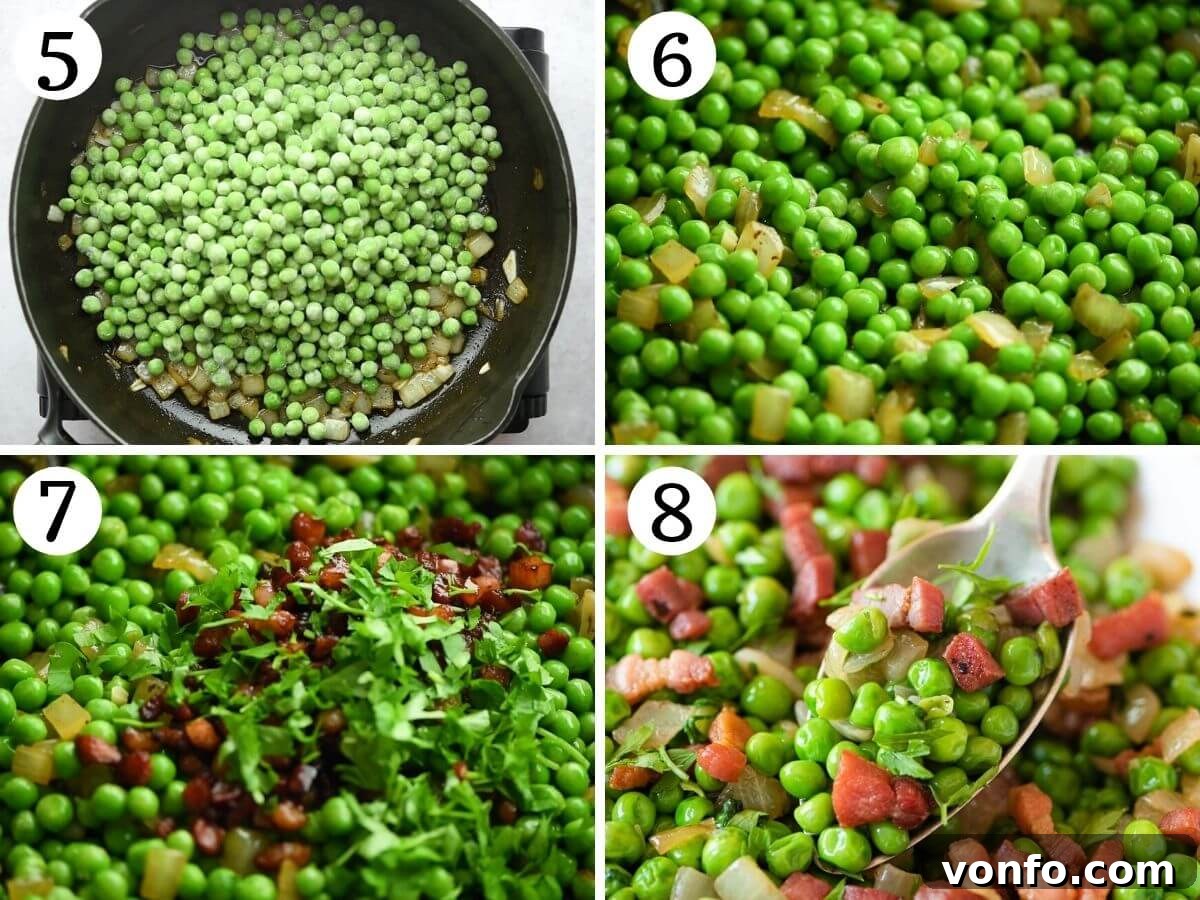 Italian Peas with Crispy Pancetta 5 Further step-by-step photos illustrating the addition of peas to the sautéed onions and garlic