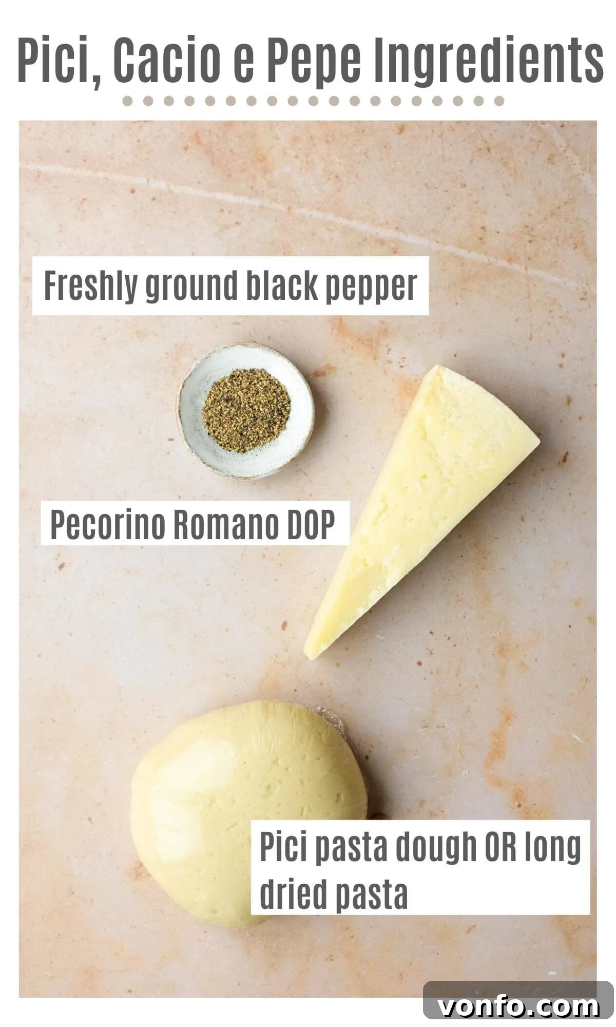 Pici Cacio e Pepe Simple Roman Perfection 3 An overhead shot of all the ingredients you need to make cacio e pepe