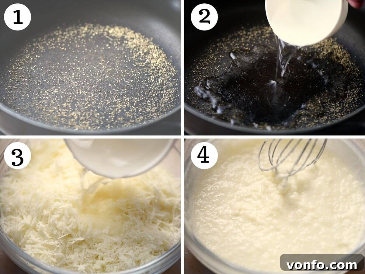 Pici Cacio e Pepe Simple Roman Perfection 4 Step by step photos showing how to toast pepper and make a cheese sauce