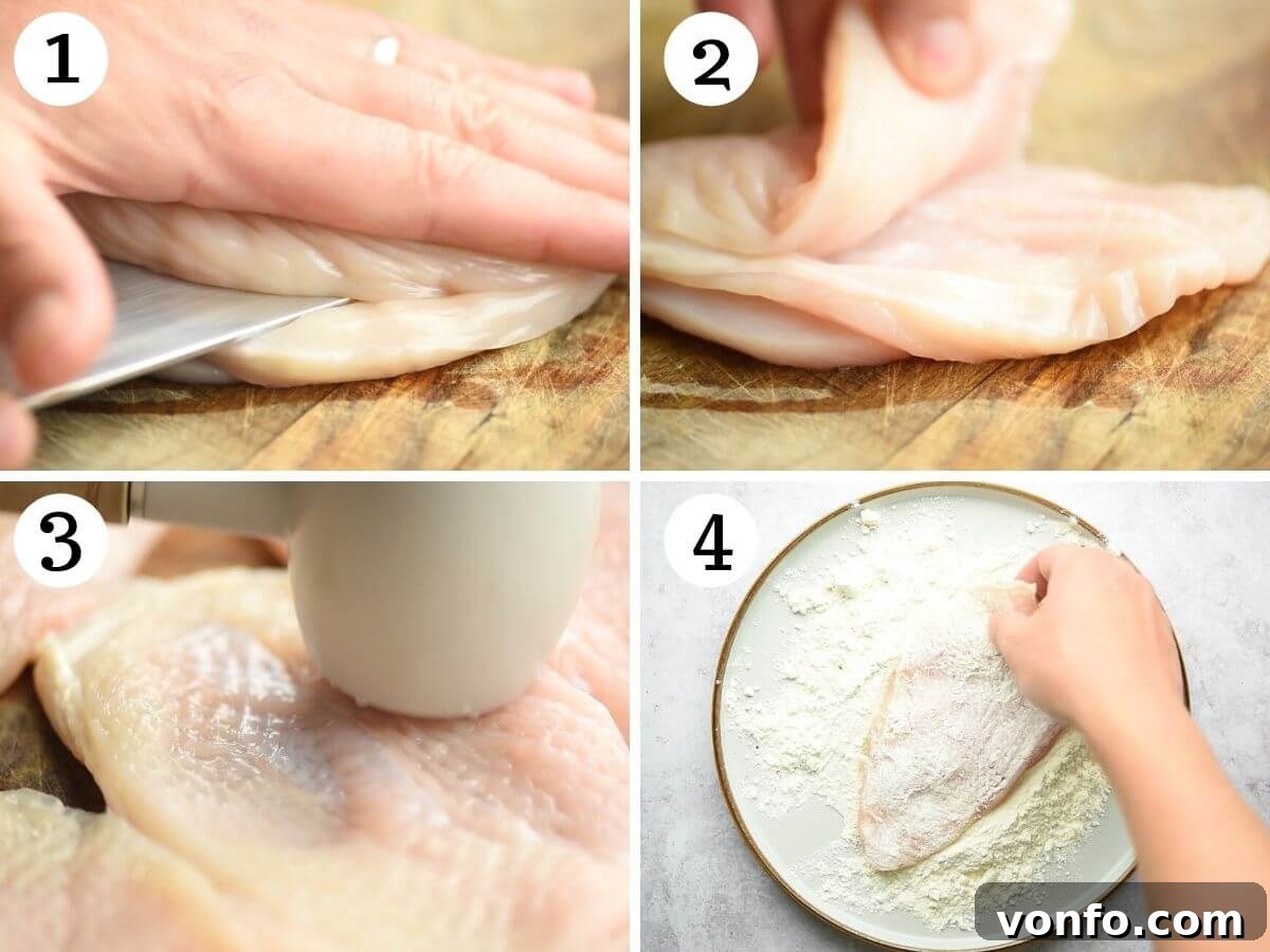 Smoked Scamorza Chicken Pizzaiola 4 Step by step photos showing how to cut chicken breasts into cutlets and dredge them in flour