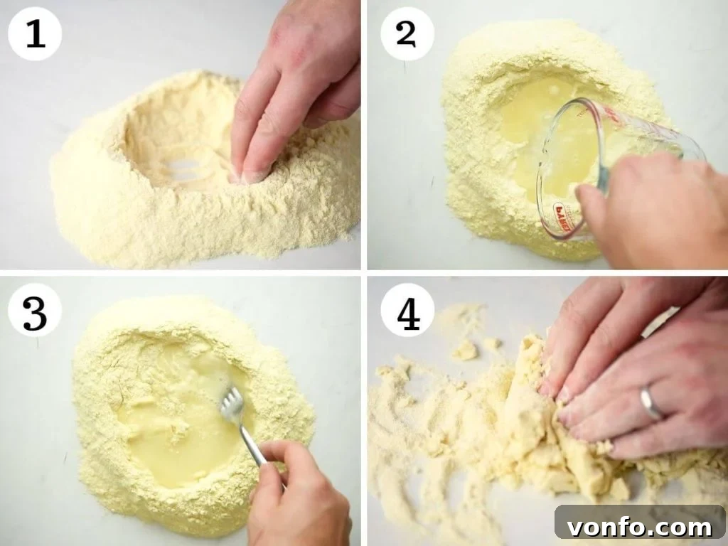 Step-by-step photos demonstrating the process of mixing and kneading semolina pasta dough.