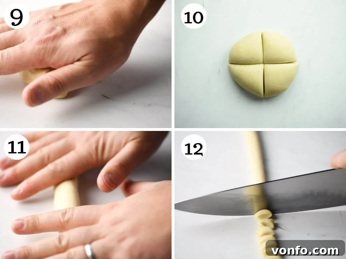Step-by-step photos illustrating how to divide the dough, roll it into ropes, and cut into small pieces for shaping cavatelli.