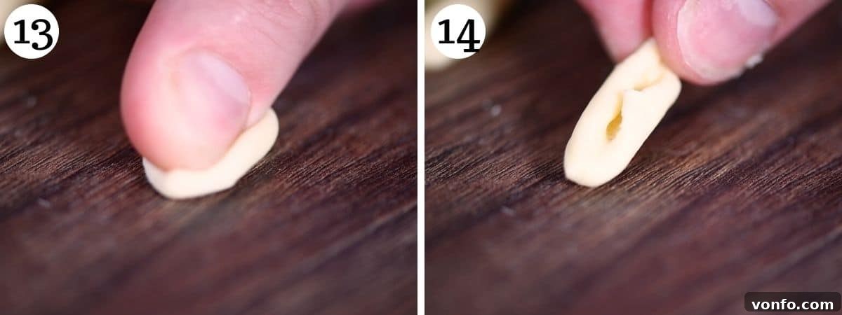 Two photos demonstrating the hand-shaping technique for smooth cavatelli pasta on a wooden surface.