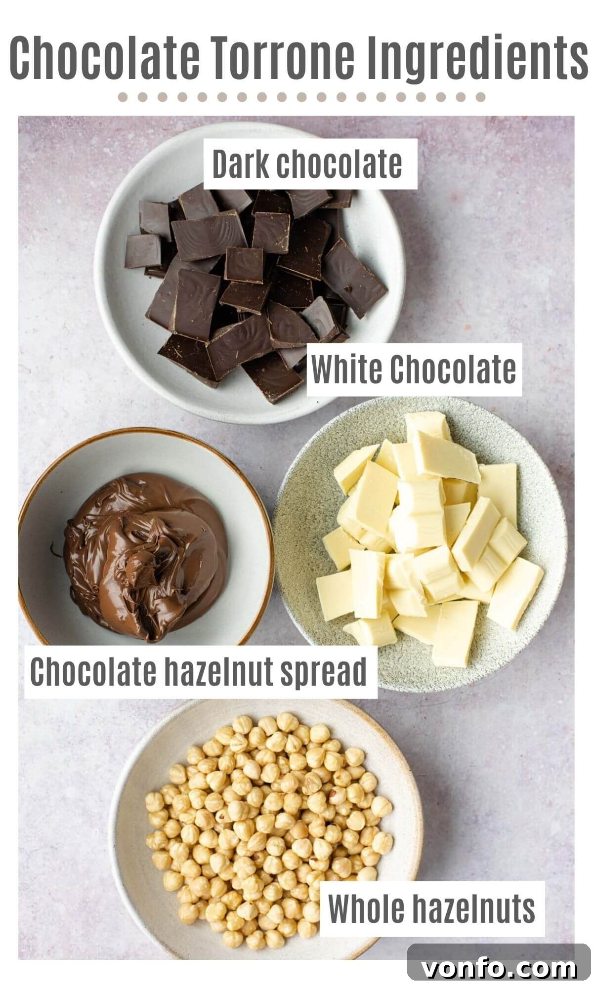 An overhead shot showcasing all the essential ingredients for making chocolate torrone: dark chocolate, white chocolate, chocolate hazelnut spread, and whole hazelnuts.