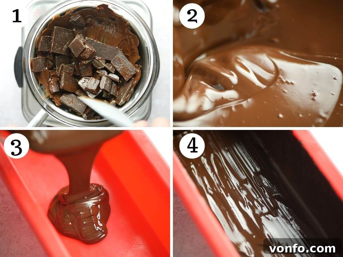 Step-by-step photos illustrating the process of gently melting dark chocolate over a bain-marie and precisely lining a loaf mold with the melted chocolate.