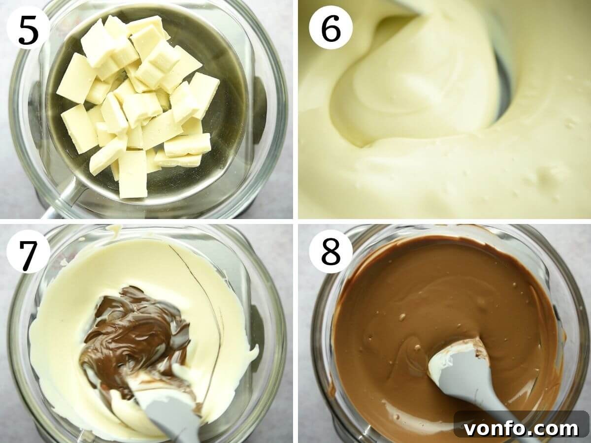 Step-by-step photos detailing the melting of white chocolate and its thorough combination with rich chocolate hazelnut spread to create the creamy filling.