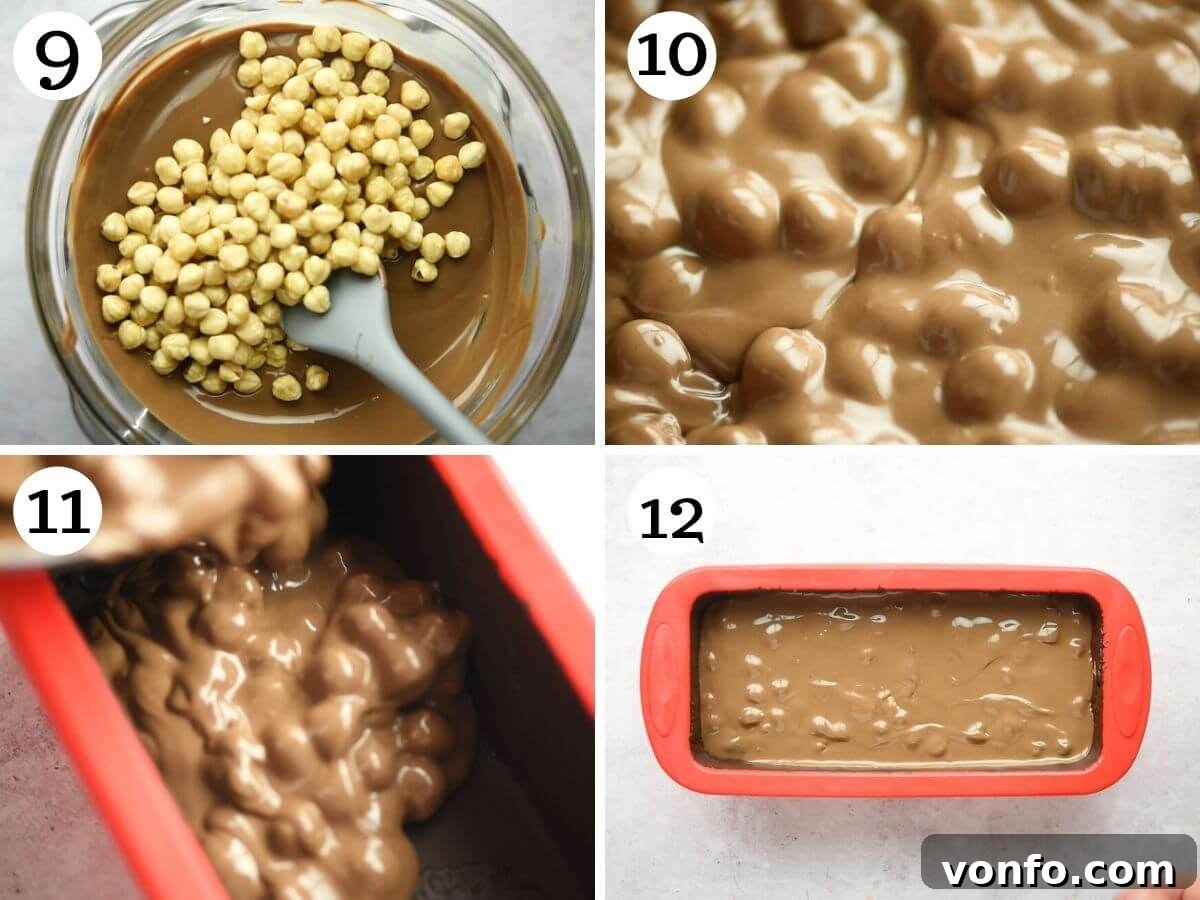 Step-by-step photos illustrating the creation of the rich chocolate torrone filling, showing the texture and the addition of hazelnuts.