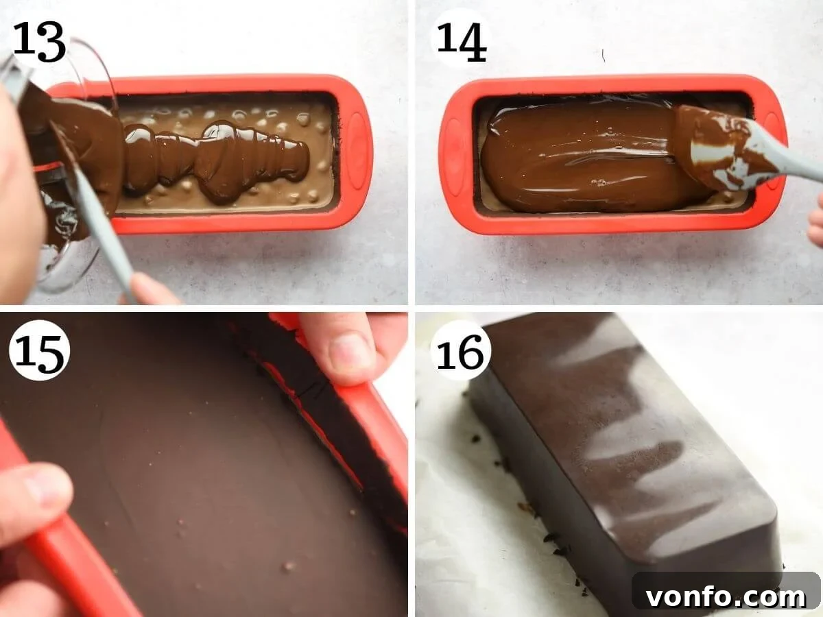 Step-by-step photos demonstrating how to pour the final layer of dark chocolate over the torrone filling and showcasing the appearance of the fully set chocolate bar.
