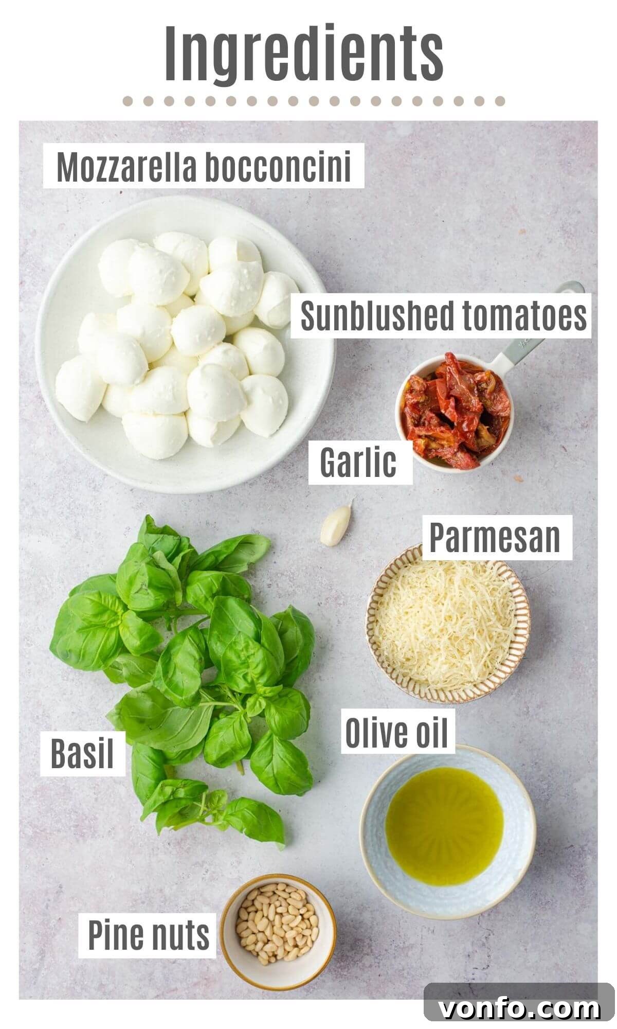Pesto Bocconcini with Sun-Blushed Tomatoes 3 An overhead shot beautifully showcasing all the fresh, vibrant ingredients required for making mozzarella bocconcini with pesto, including lush basil, golden pine nuts, fresh garlic, rich olive oil, grated Parmesan, juicy sun-blushed tomatoes, and creamy mozzarella.