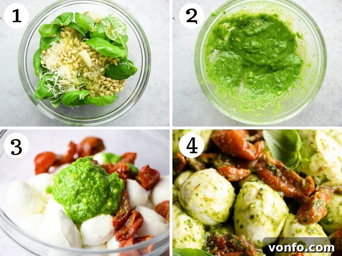 Pesto Bocconcini with Sun-Blushed Tomatoes 4 A series of step-by-step photographic visuals meticulously demonstrating the effortless preparation of mozzarella bocconcini with fresh basil pesto and sun-blushed tomatoes.