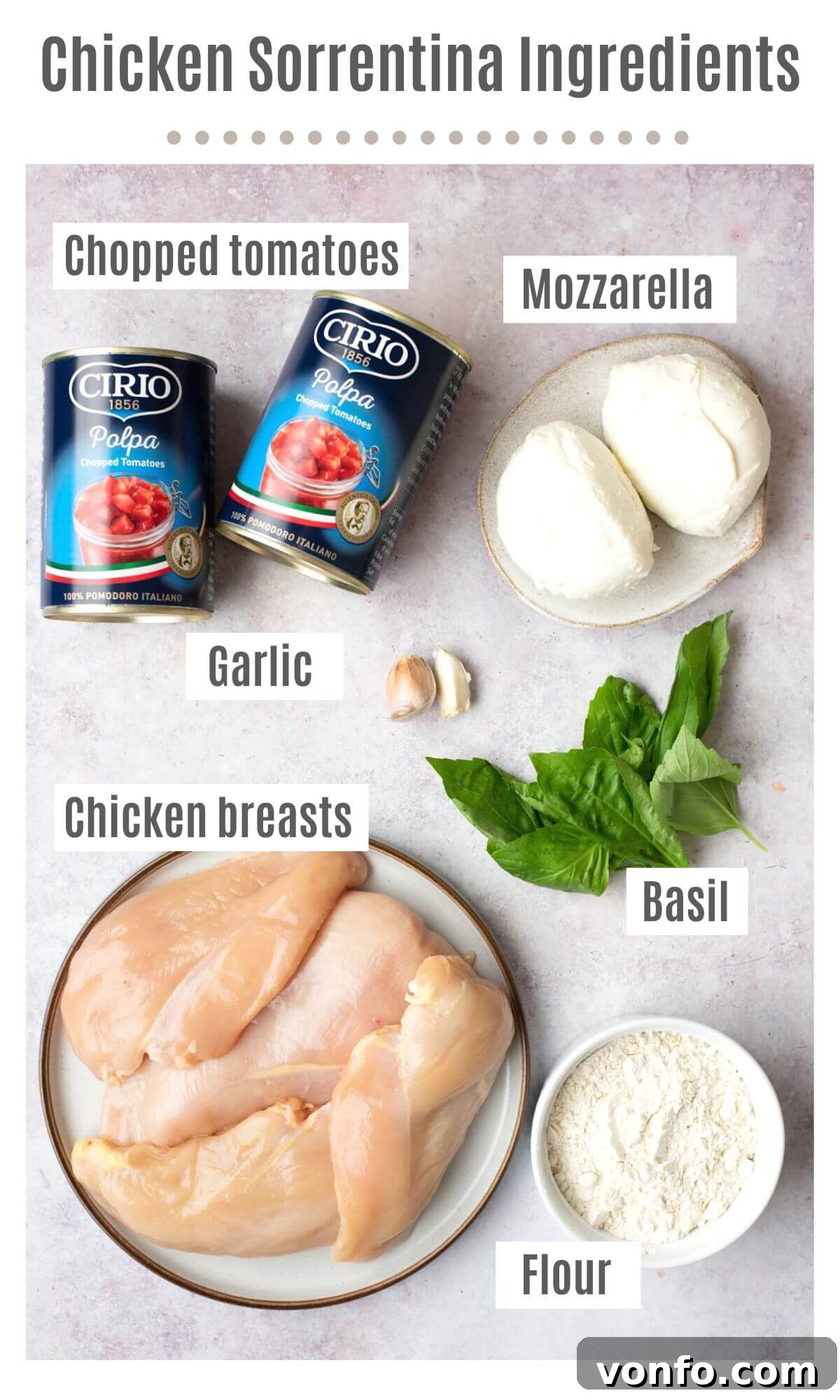 An overhead shot displaying all the fresh, high-quality ingredients needed to prepare Chicken Sorrentina, laid out on a rustic surface.