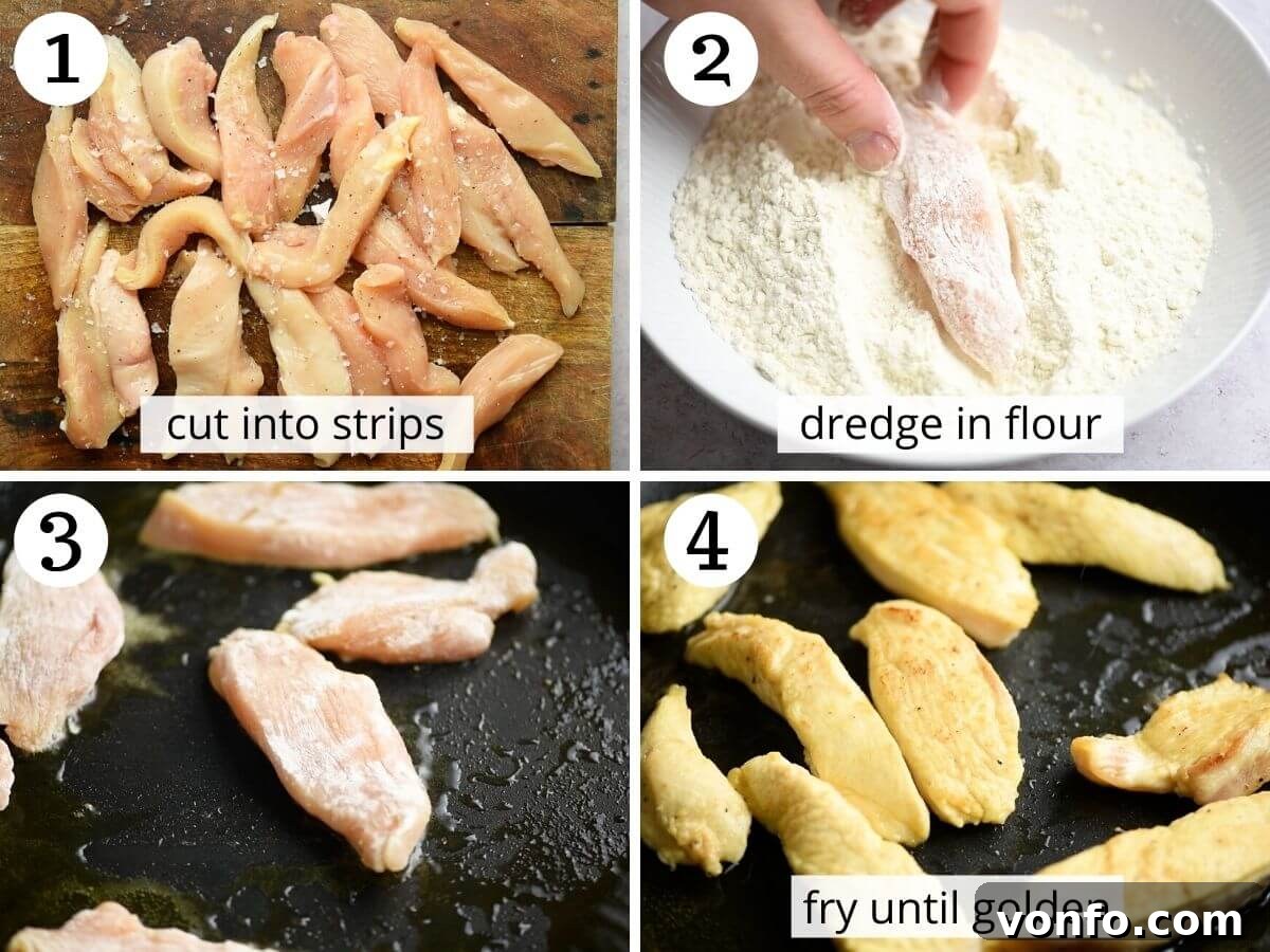 A series of step-by-step photos illustrating how to properly prepare, dredge in flour, and brown chicken strips for Chicken Sorrentina.