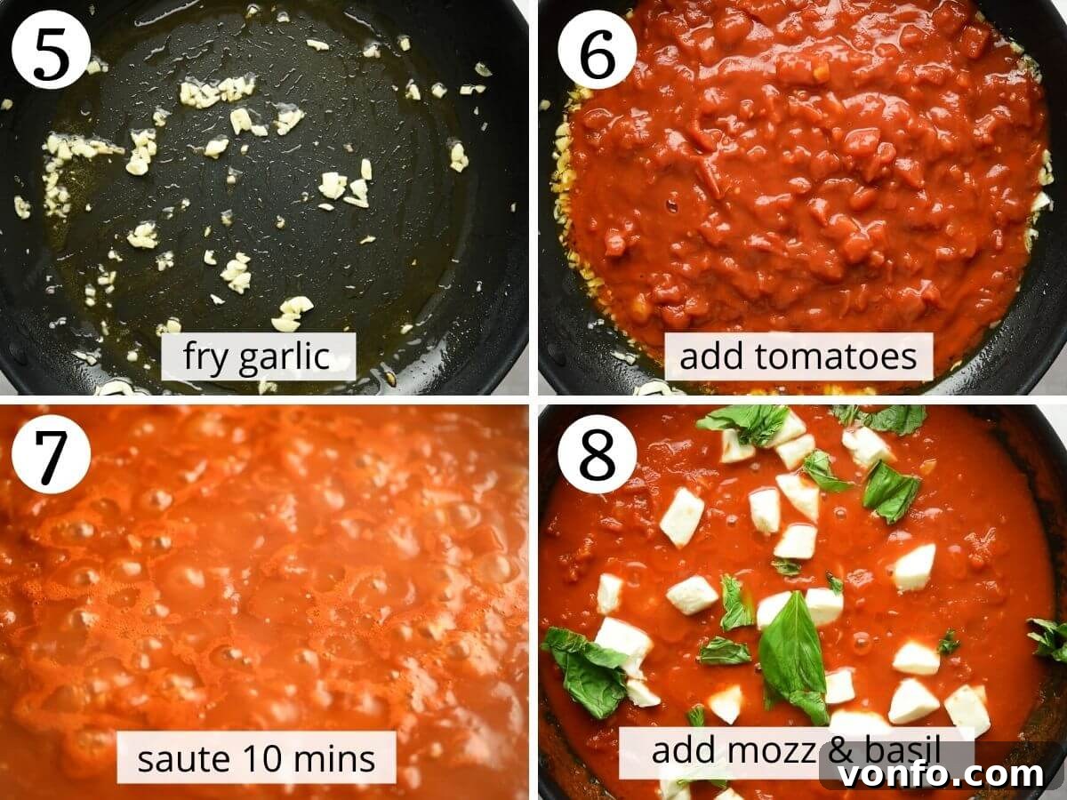 Step-by-step photos showing the process of creating the rich and aromatic Sorrento-style tomato sauce, starting with sautéed garlic.