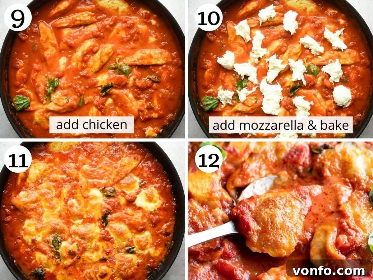A visual progression of assembling and baking Chicken Sorrentina, from combining ingredients to the final bubbly dish.