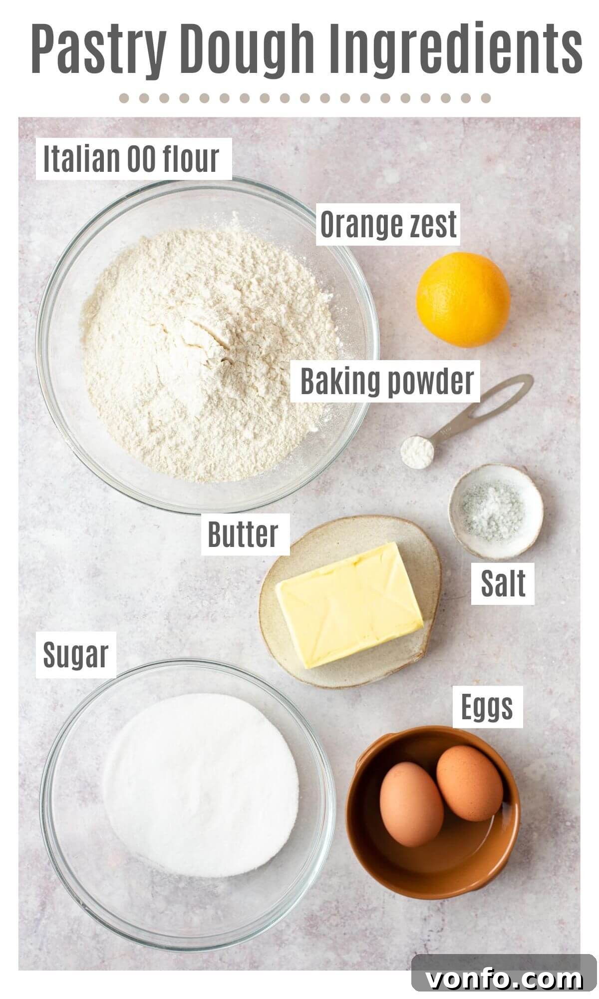 An overhead shot of ingredients needed to make pastry dough for cuccidati cookies.