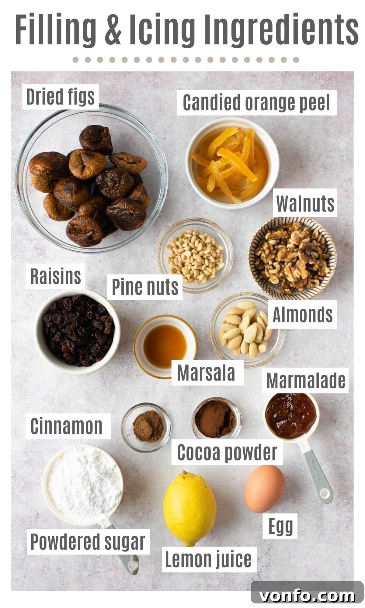 An overhead shot of all the ingredients needed to make the filling and icing for cuccidati cookies.