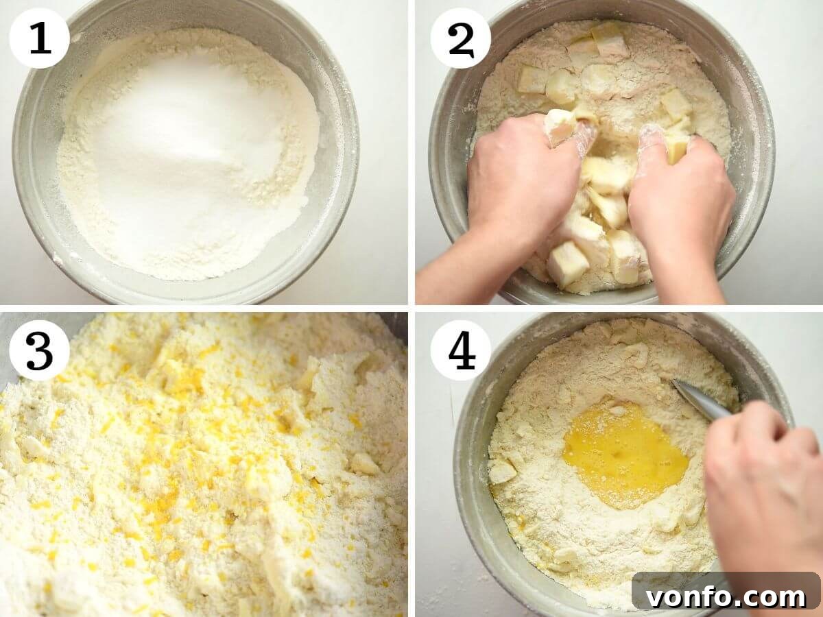 Four photos in a collage showing how to make pastry.