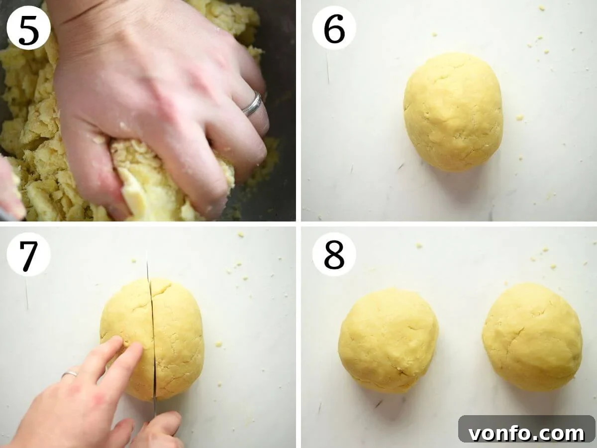 Four photos in a collage showing how to form pastry into a ball and cut in it half.