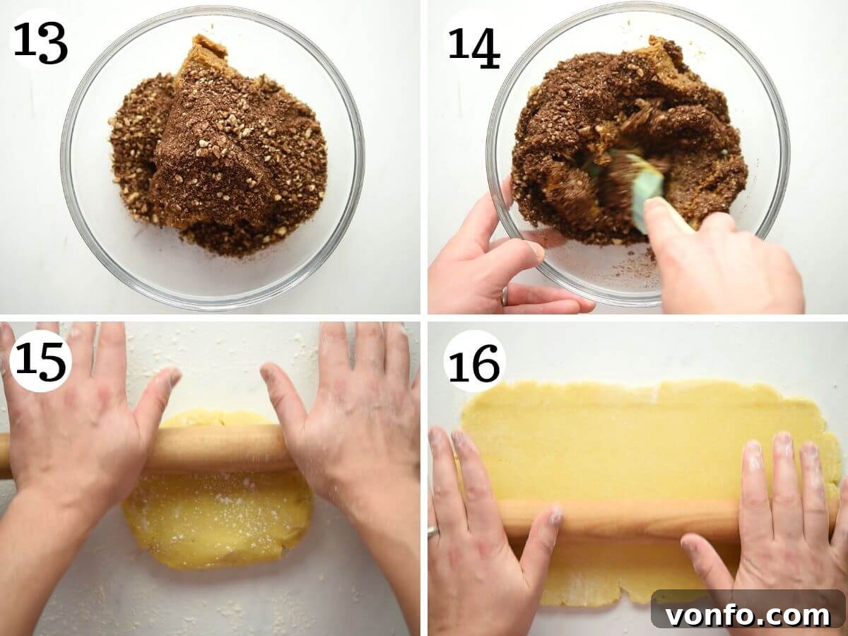 Four photos in a collage showing the cuccidati filling and rolling out the pastry dough.